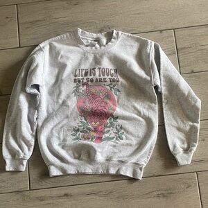 Grey Graphic Crewneck Sweatshirt with Pink Tiger Design